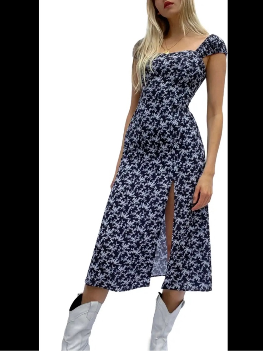 French Connection Navy Floral Square-Neck Midi Dress with Side Slit